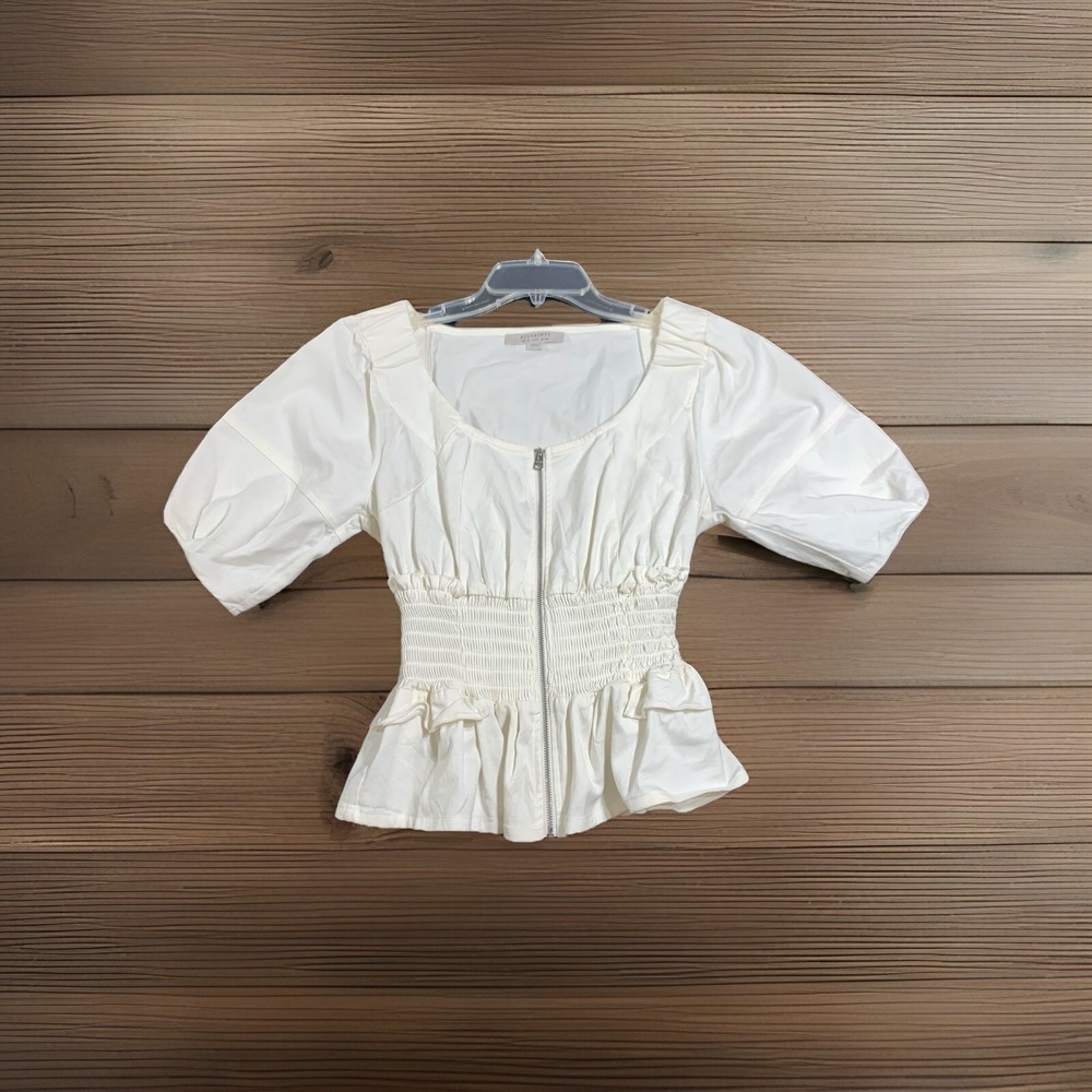 Allsaints Elektra Zip Front Top Women's Size 6 Puff Sleeve‎ Smocked Waist White